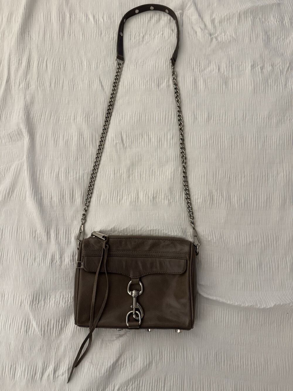 Rebecca Minkoff Mini MAC Leather Crossbody Bag Taupe Silver Hardware